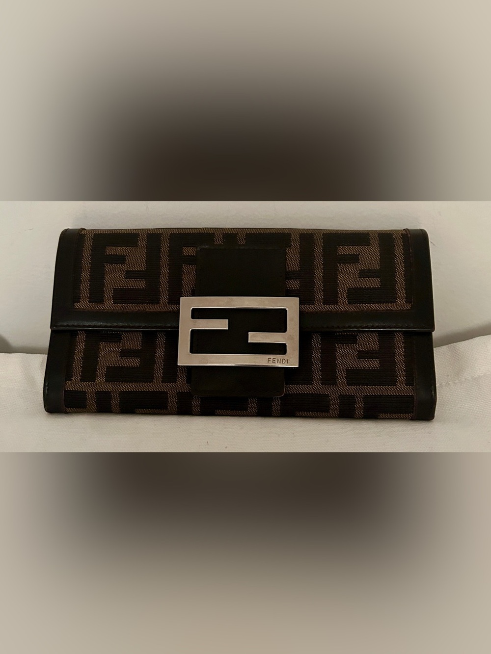 Fendi Brown and Black FF Logo Canvas Clutch with Silver F Buckle - Picture 2 of 10